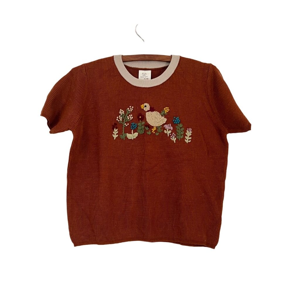 The Cottagecore Rust Embroidered Duck Floral Short Sleeve Sweater Size M/L NEW